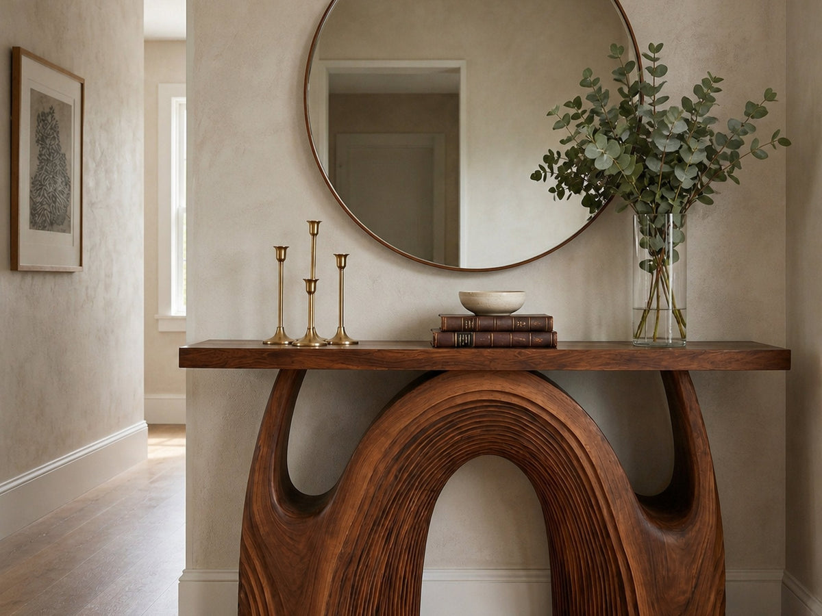 An entryway plan for consoles, coats, and wall art