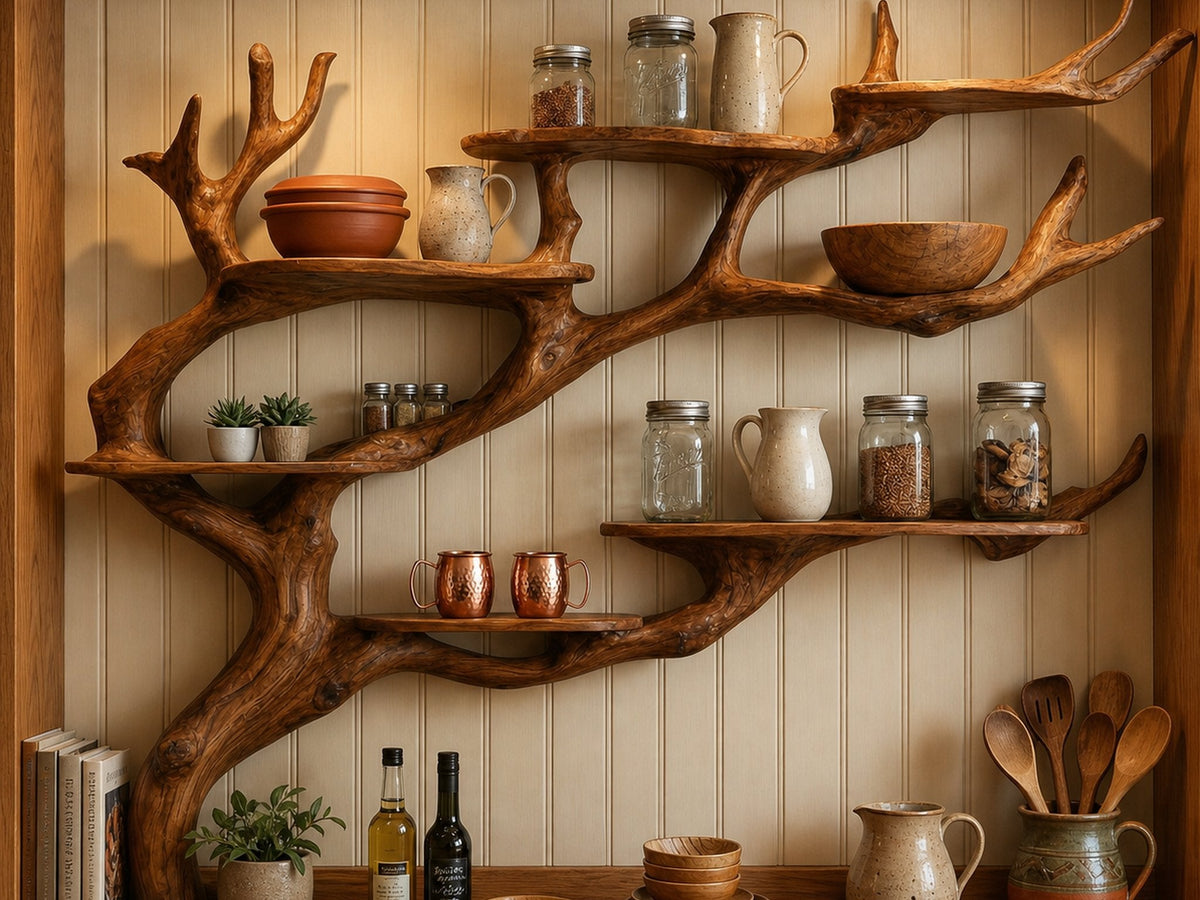 Branch-shaped wooden kitchen wall shelf holding jars, bowls and pottery