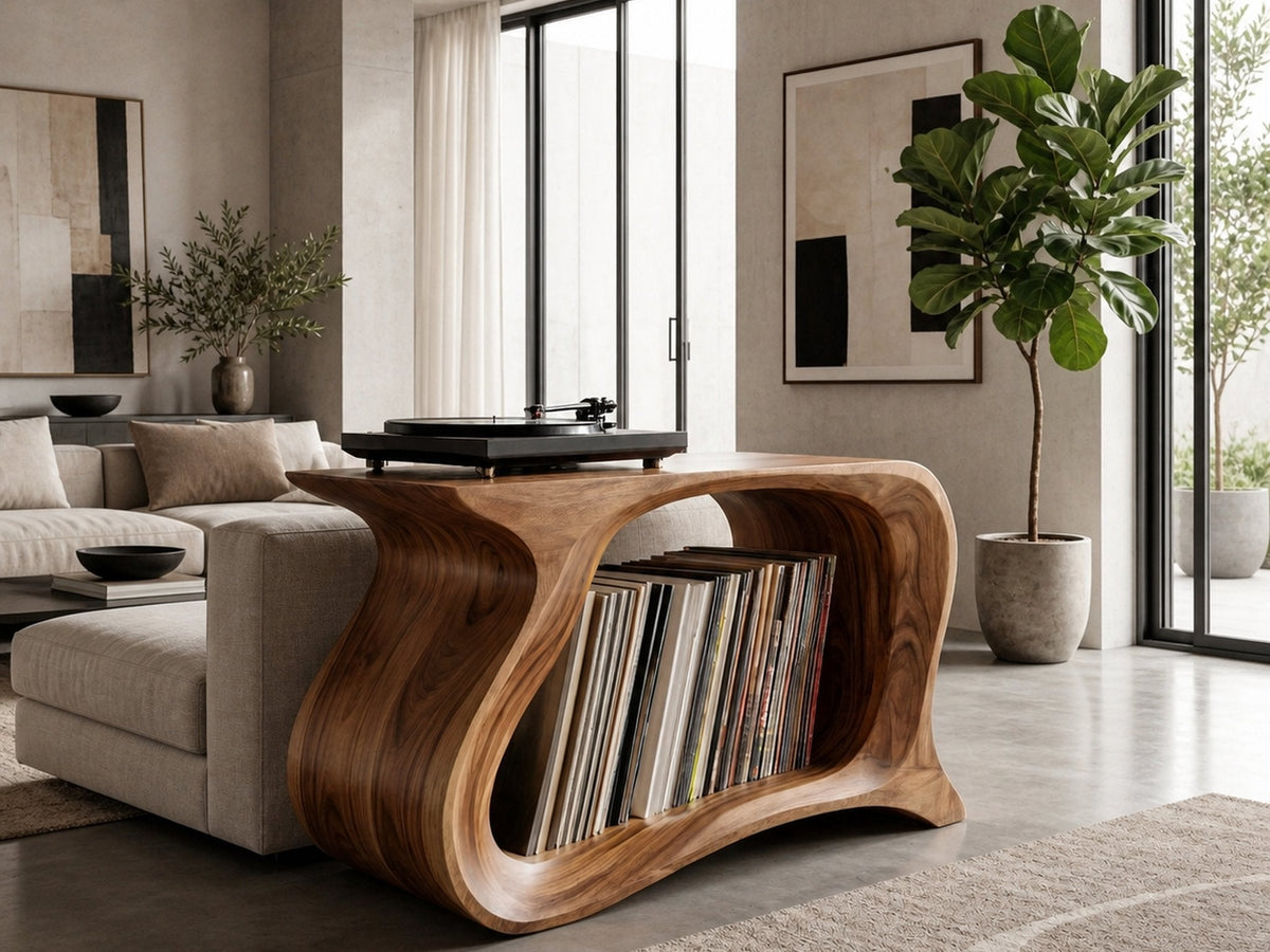 Sculptural wooden record-player stand styled with a turntable and vinyl records