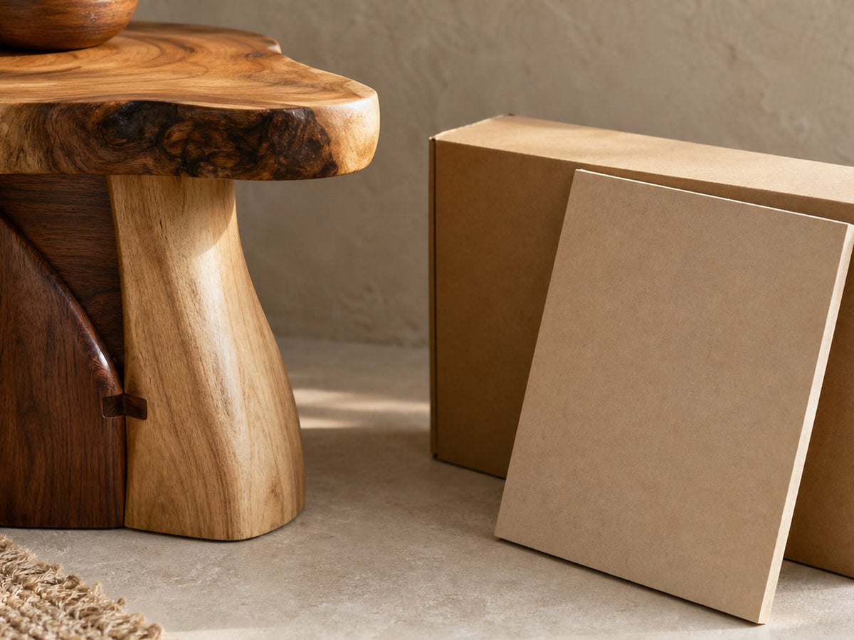 Solid natural-wood table beside an unopened flat-pack carton