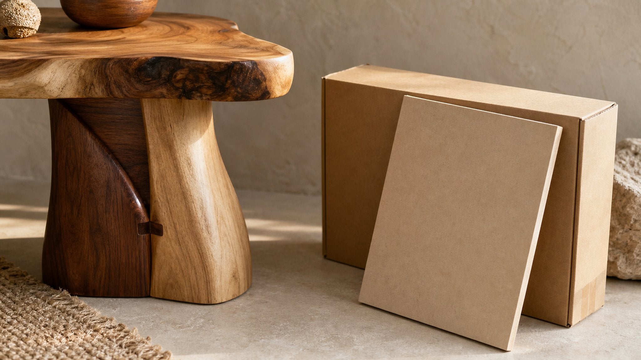Solid natural-wood table beside an unopened flat-pack carton