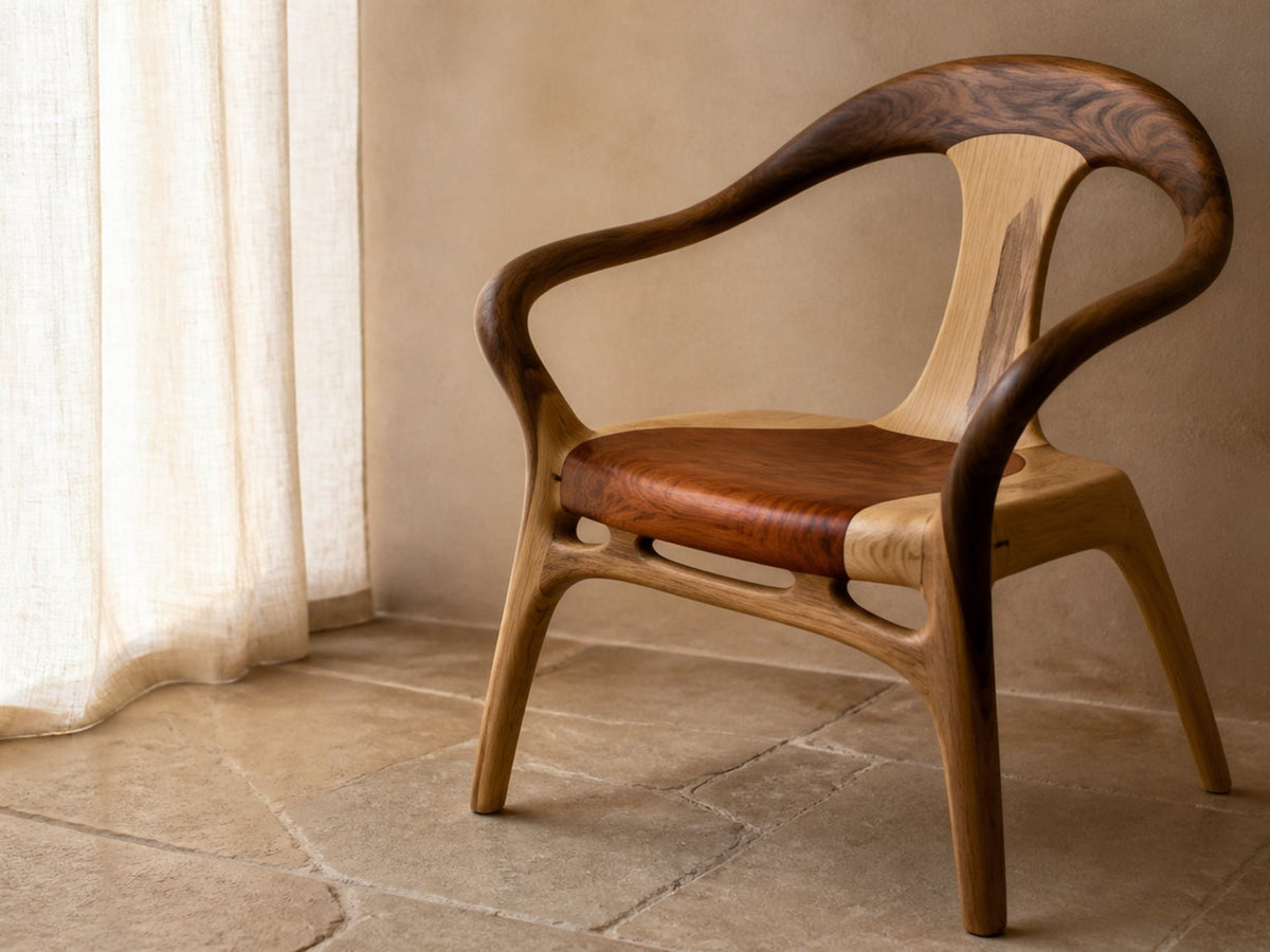 Natural-wood chair with clean joinery beside a plain plaster wall