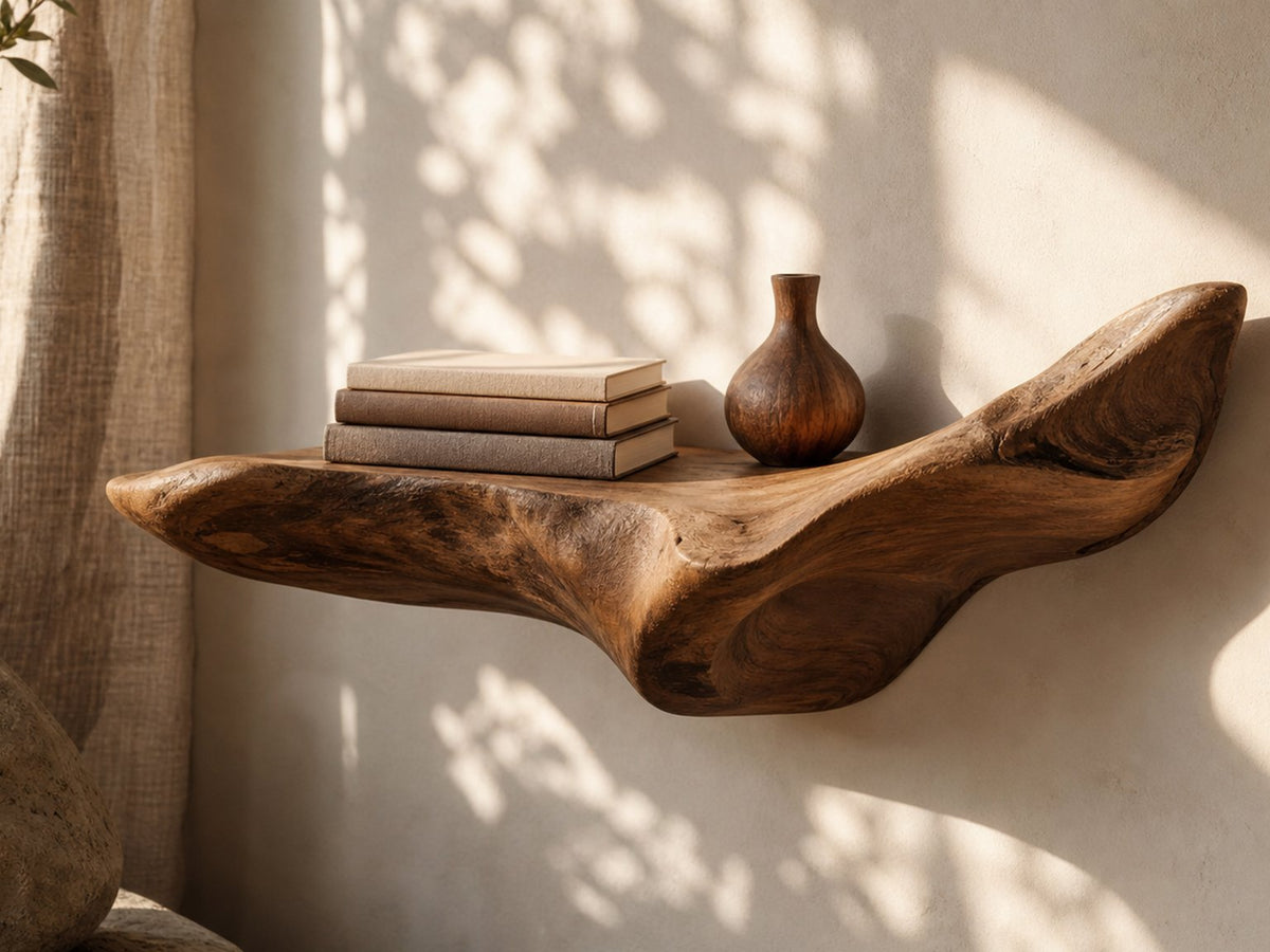 Sculptural teak storage without visual weight