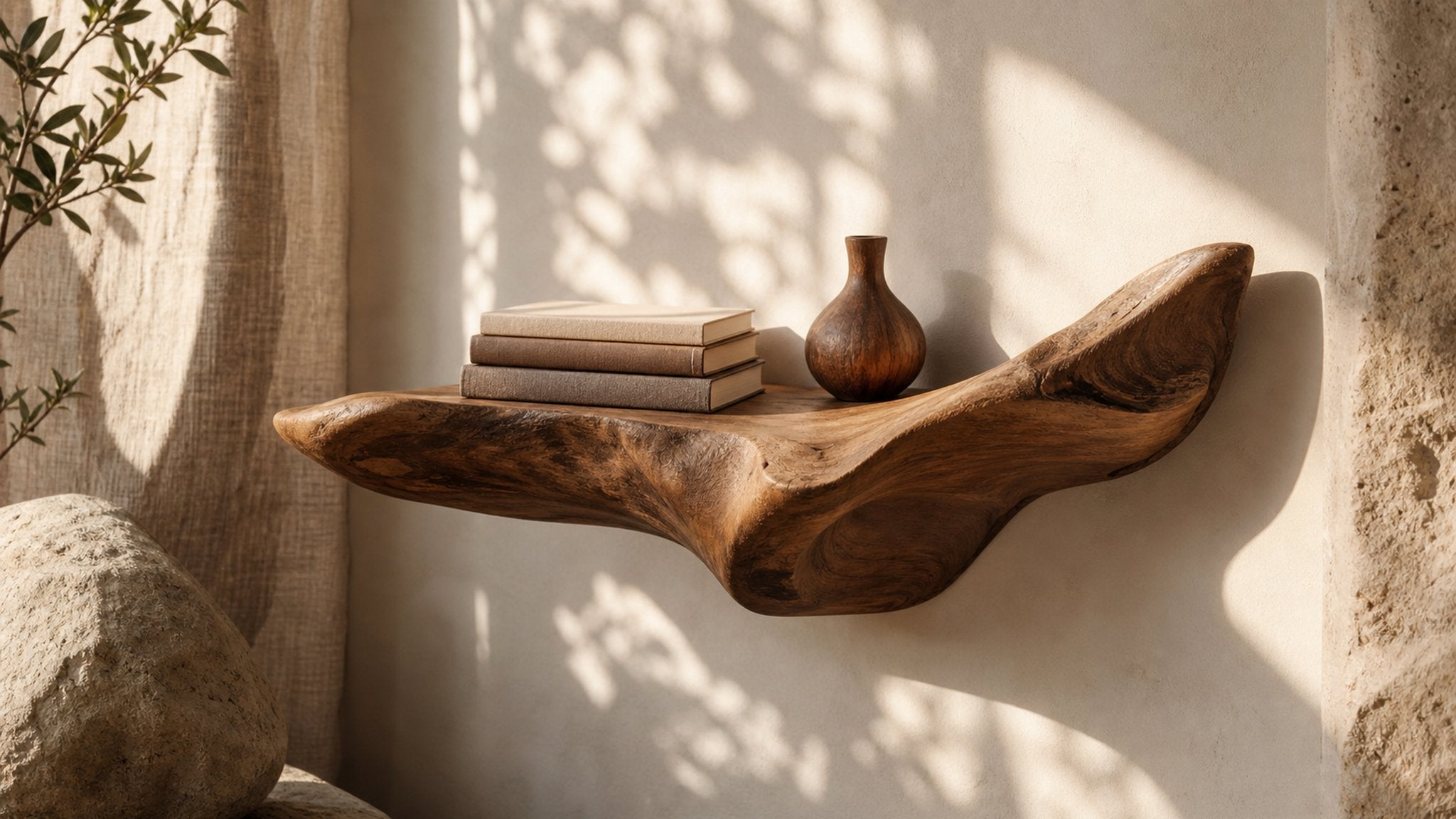 Sculptural teak storage without visual weight