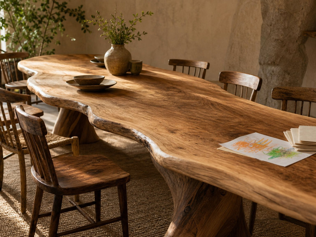 Long natural-wood dining table in late-afternoon light with mismatched chairs