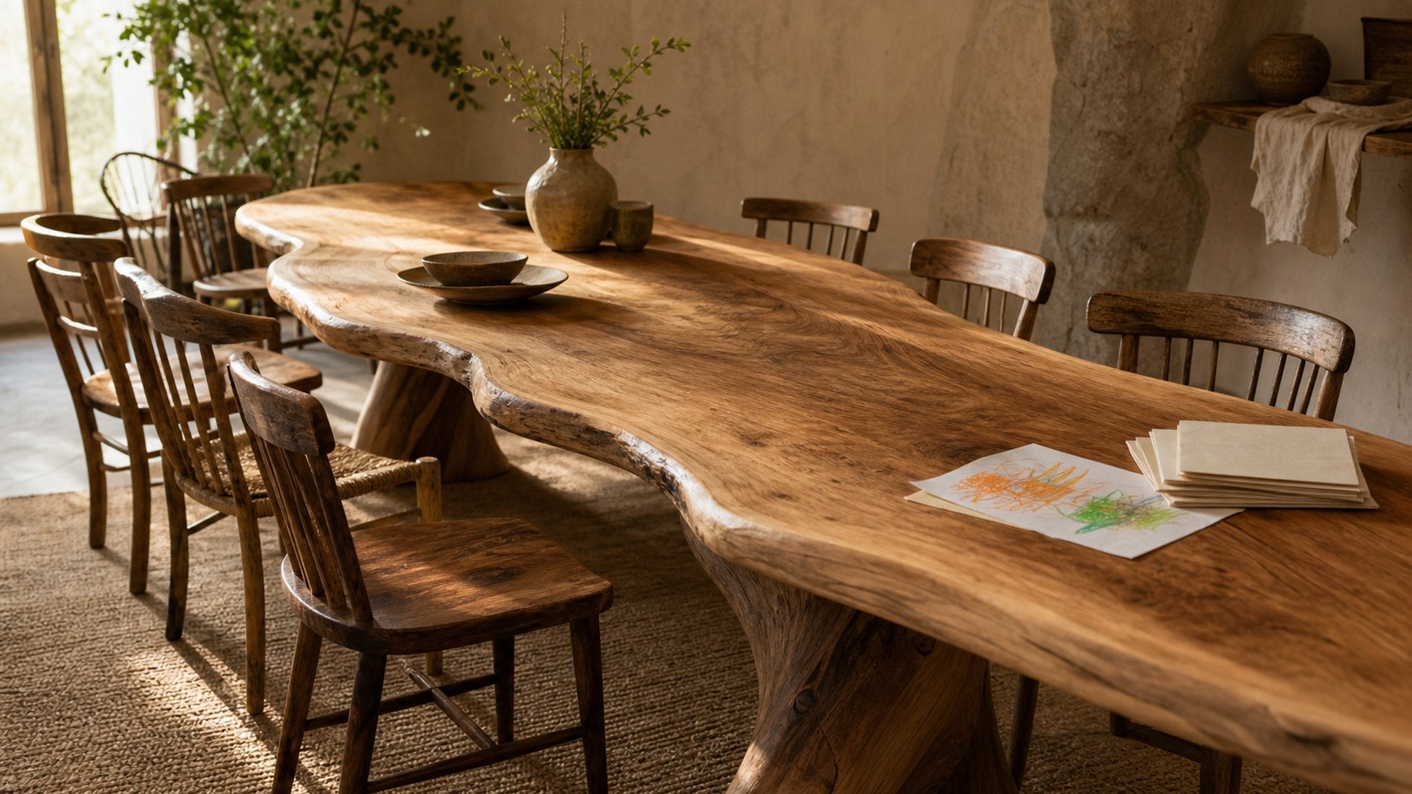 Long natural-wood dining table in late-afternoon light with mismatched chairs
