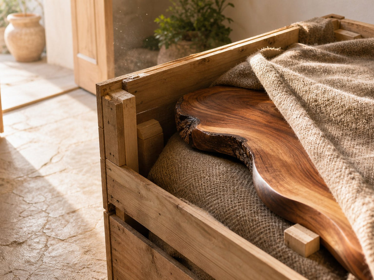 Just-opened wooden crate revealing the corner of a natural-wood piece