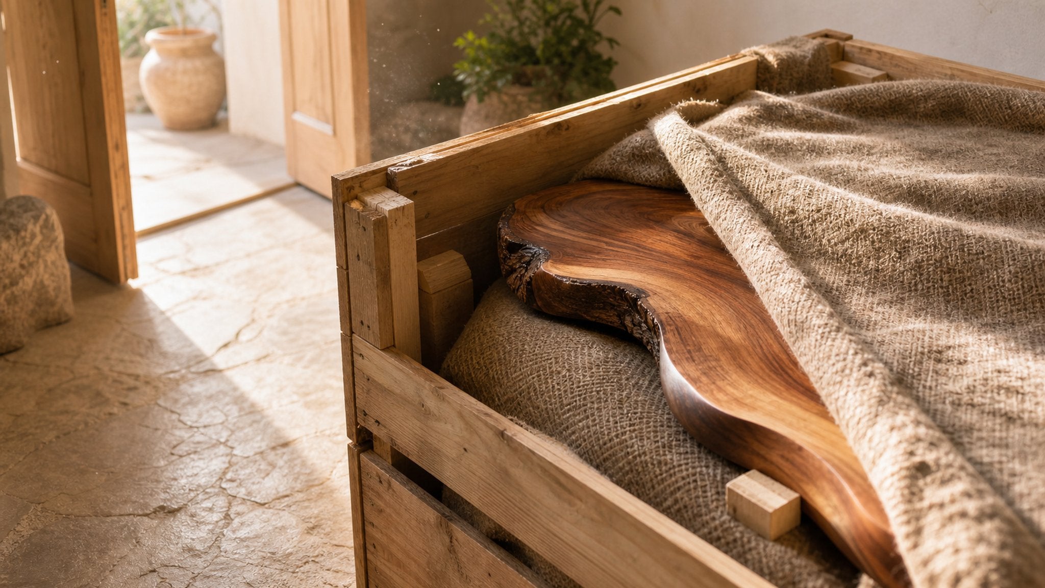 Just-opened wooden crate revealing the corner of a natural-wood piece