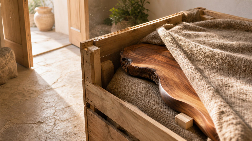 Just-opened wooden crate revealing the corner of a natural-wood piece