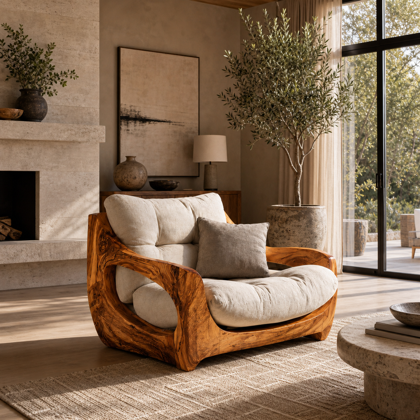 Modern Organic Lounge Seating With Carved Form For Living Room