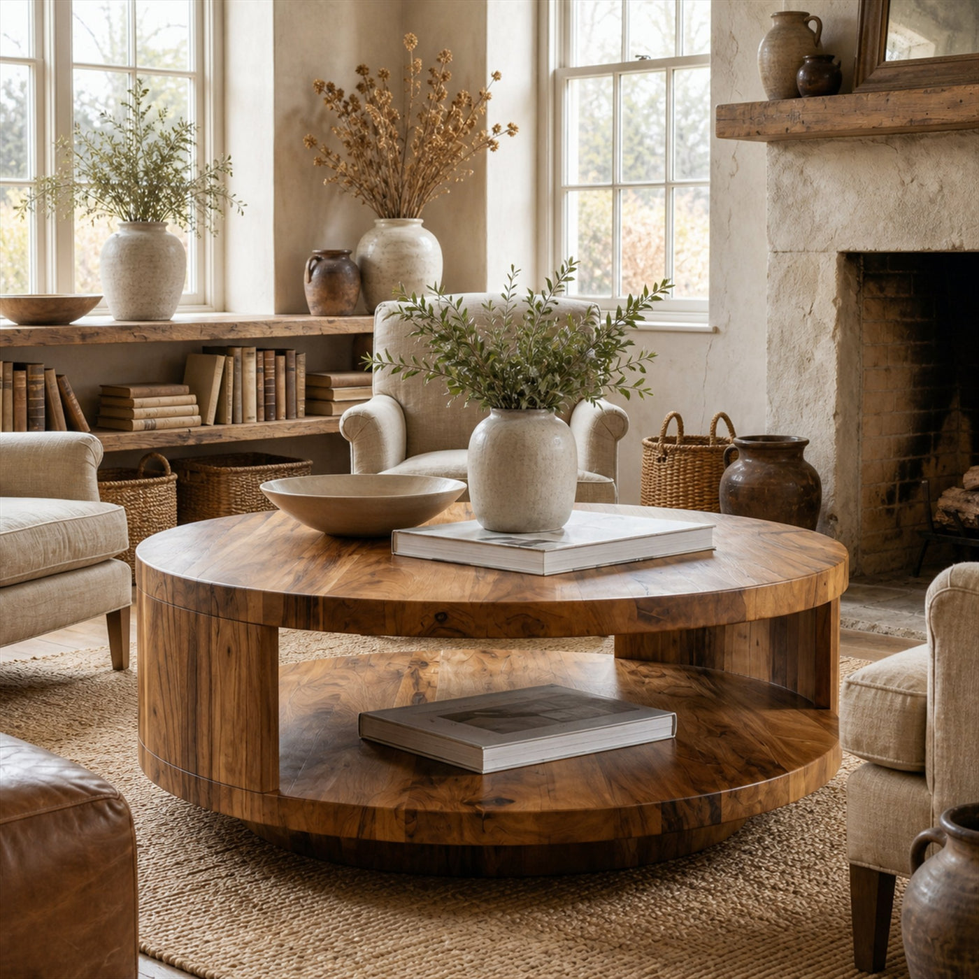 Modern Round Coffee Table With Shelf For Living Room And Lounge