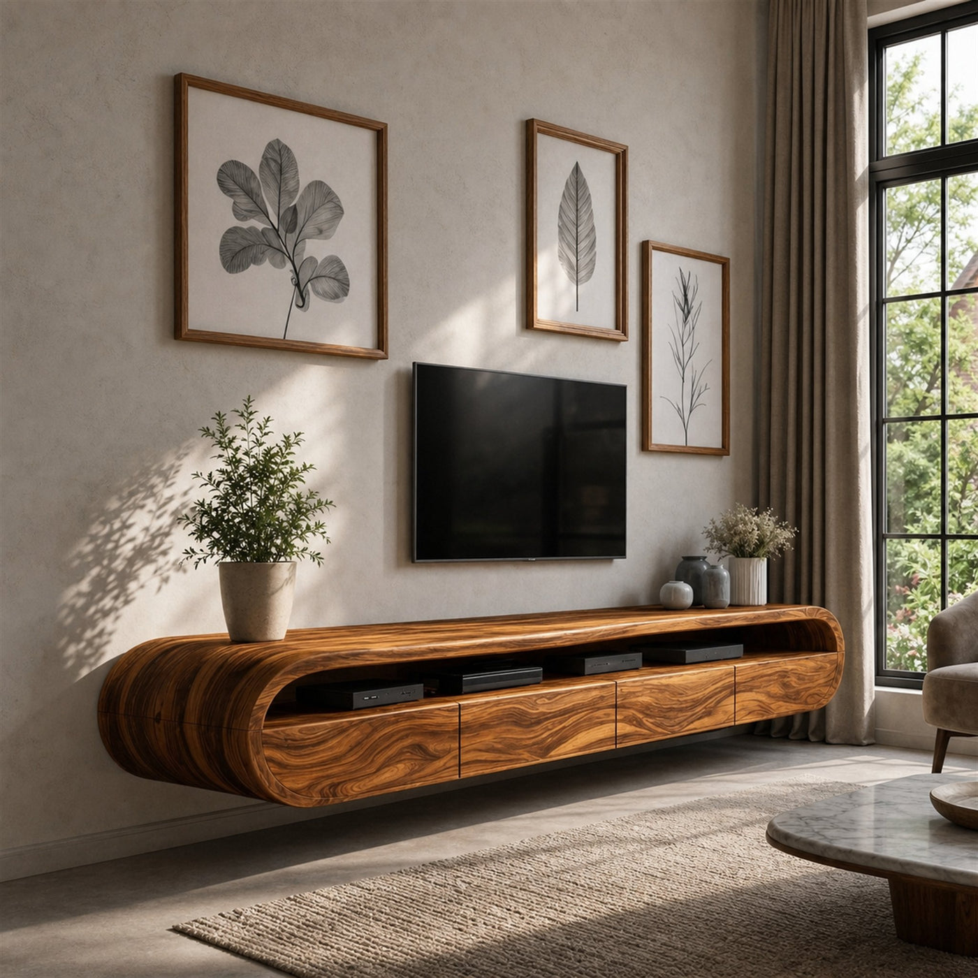 Modern Floating TV Console With Rounded Design For Living Room