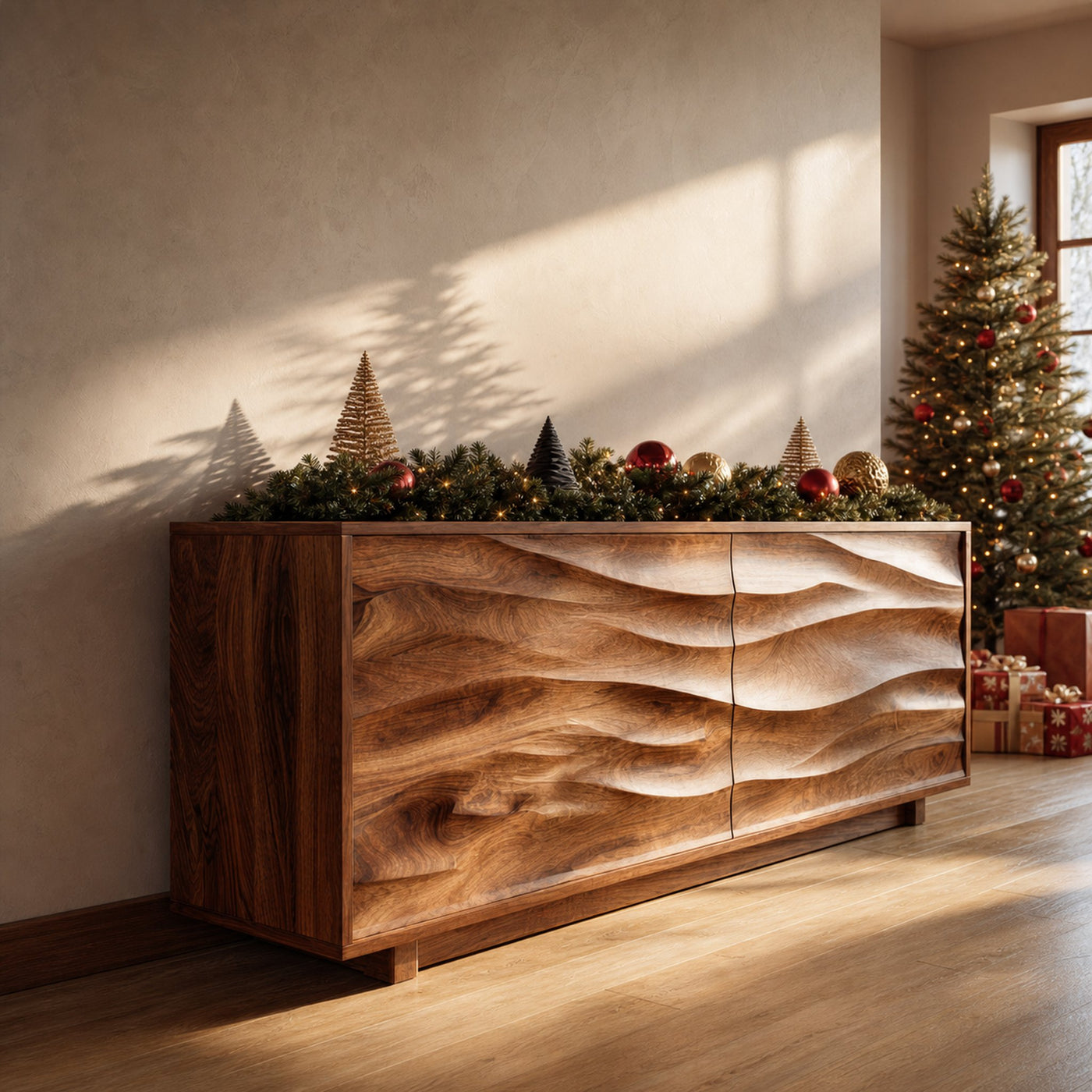 Modern Organic Wave Carved Sideboard For Festive Home Decor