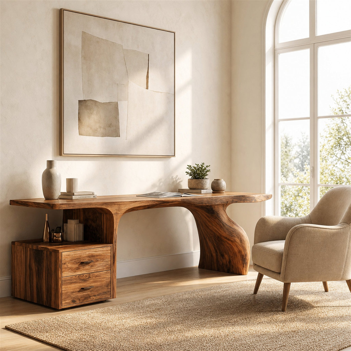 Organic Live Edge Wood Desk With Storage Drawers For Workspace