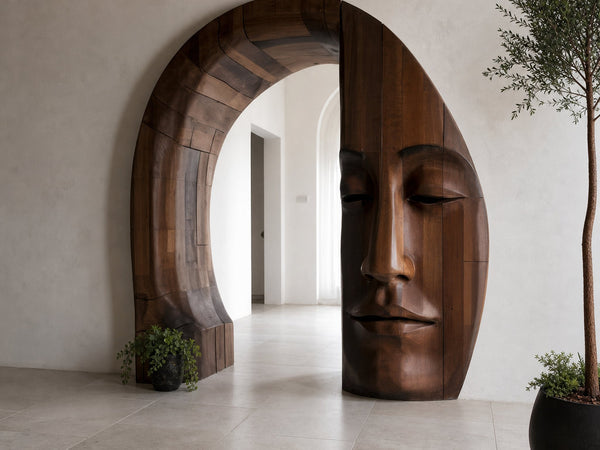 Rustic Zen Face Archway Sculpture As Entry Accent And Rustic Modern Wooden Archway For Home Decor