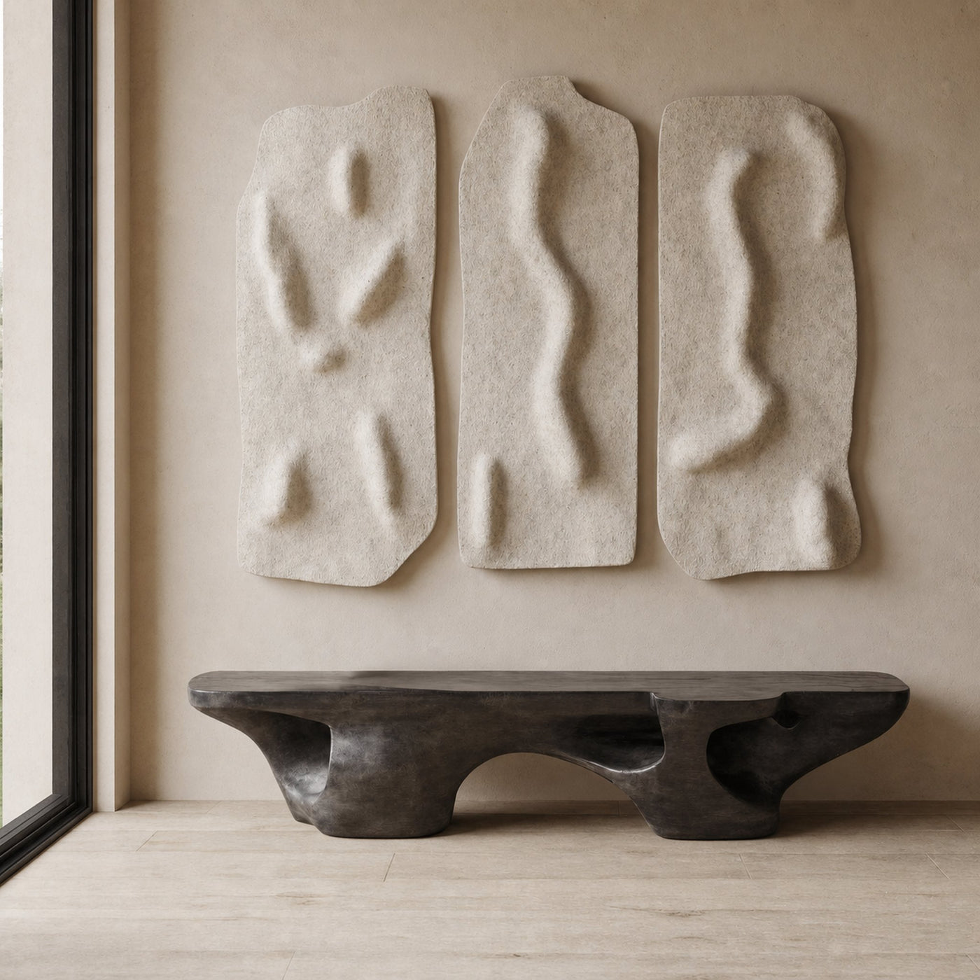 Contemporary Sculptural Bench With Carved Design For Living Room