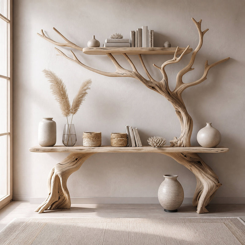Wildgrove Ember Live Edge Console Table with Branch Shelves