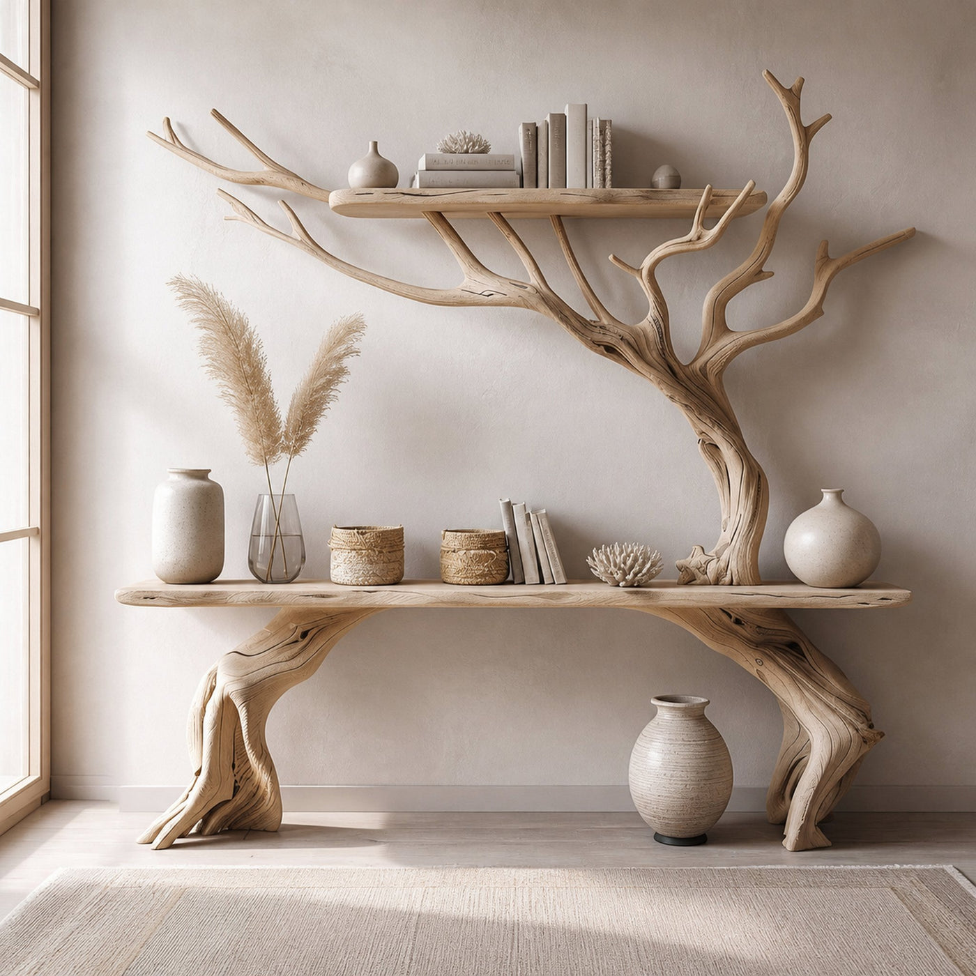 Driftwood Narrow Console Table With Tree Branch