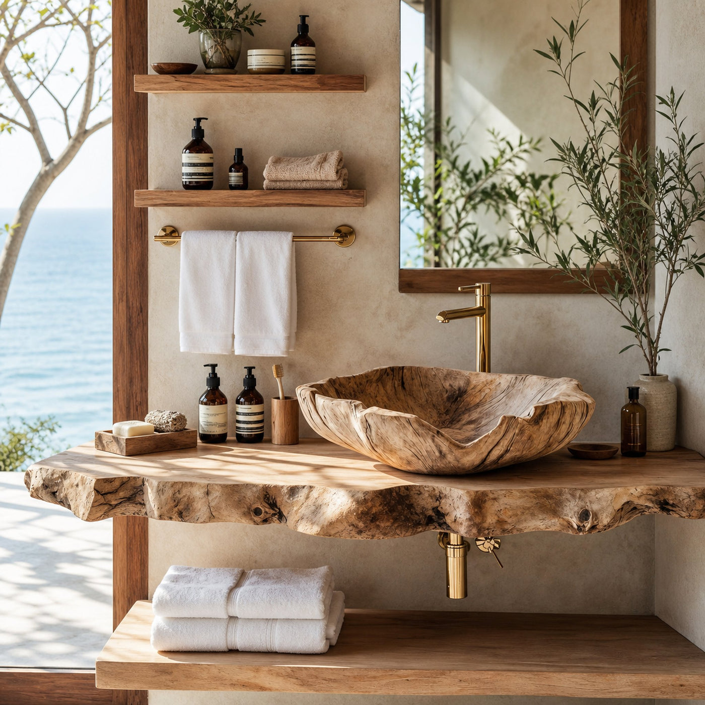Farmhouse Handcrafted Wooden Vessel Sink For Bathroom