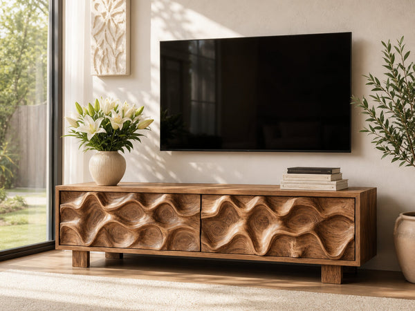 Hand Carved TV Stand With Wave Design For Living Room