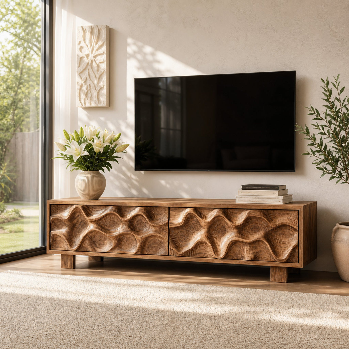 Hand Carved TV Stand With Wave Design For Living Room