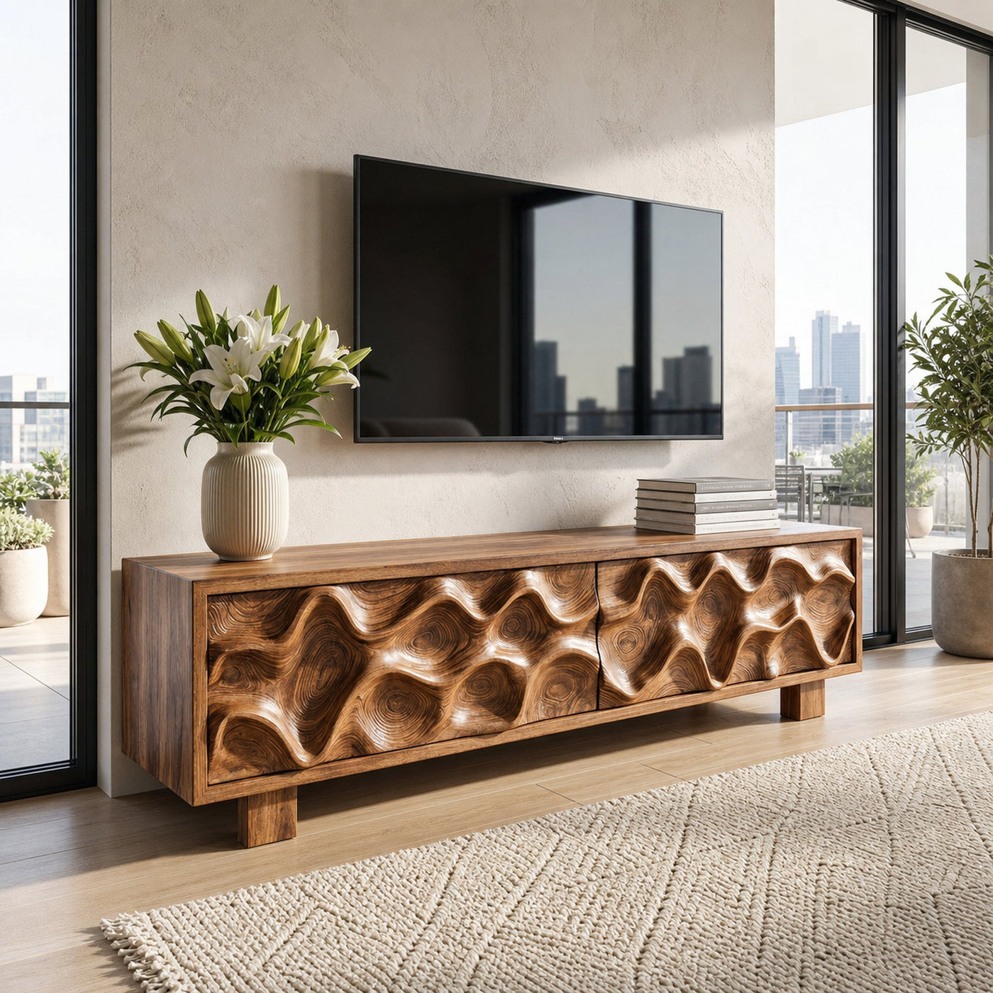 Hand Carved TV Stand With Wave Design For Living Room - product view 6