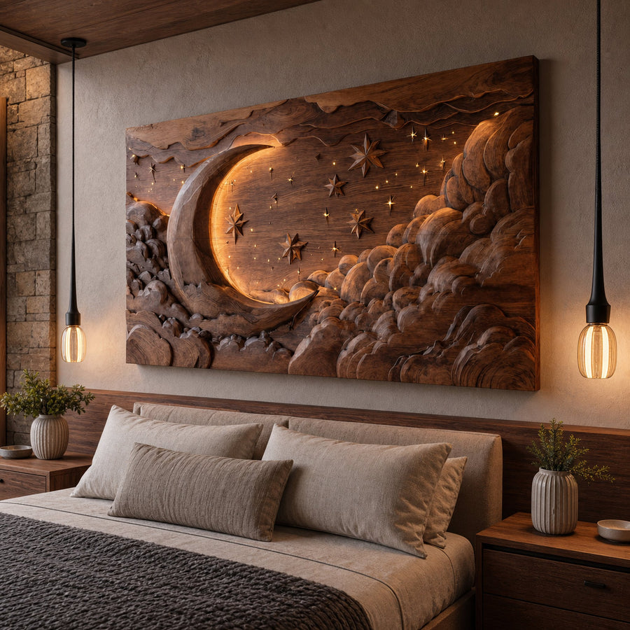 Hand Carved Wall Art Moon And Stars Panel With LED For Bedroom