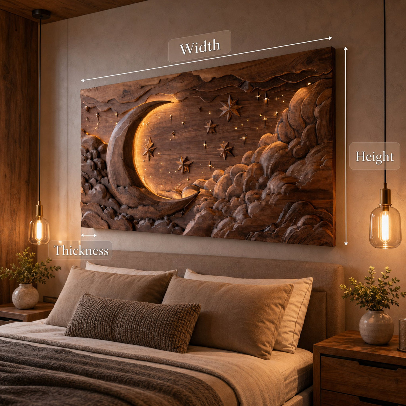 Hand Carved Wall Art Moon And Stars Panel With LED For Bedroom - product view 6