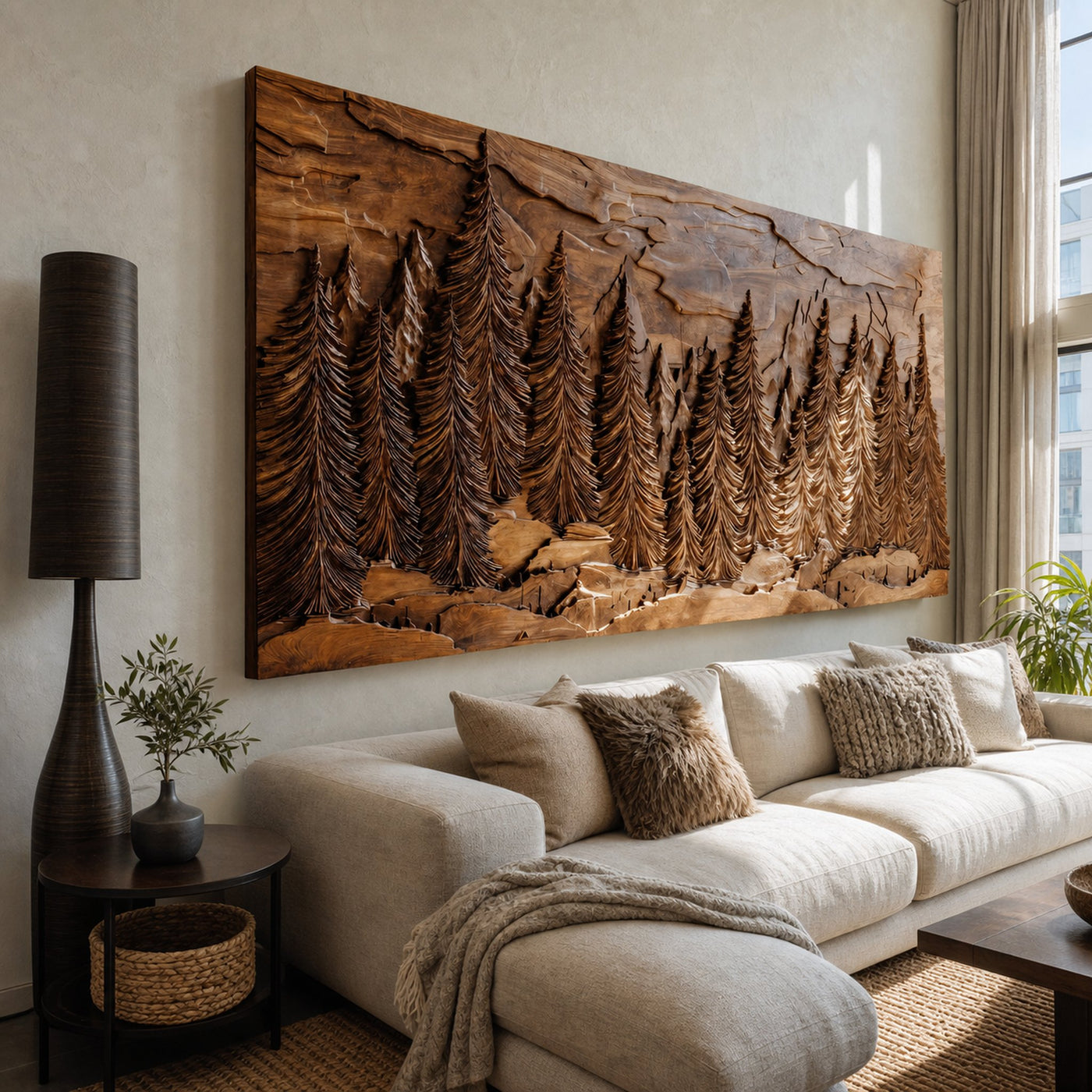 Hand Carved Wall Art With Forest Landscape For Living Room