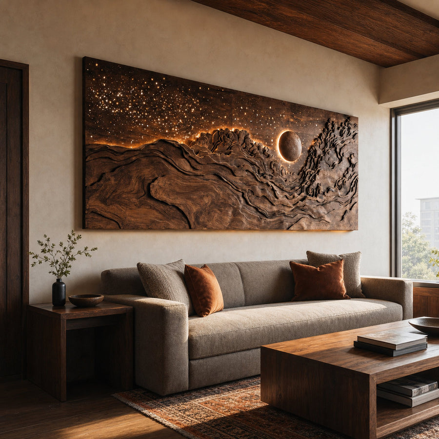 Hand Carved Wall Art With LED Eclipse Design For Living Room