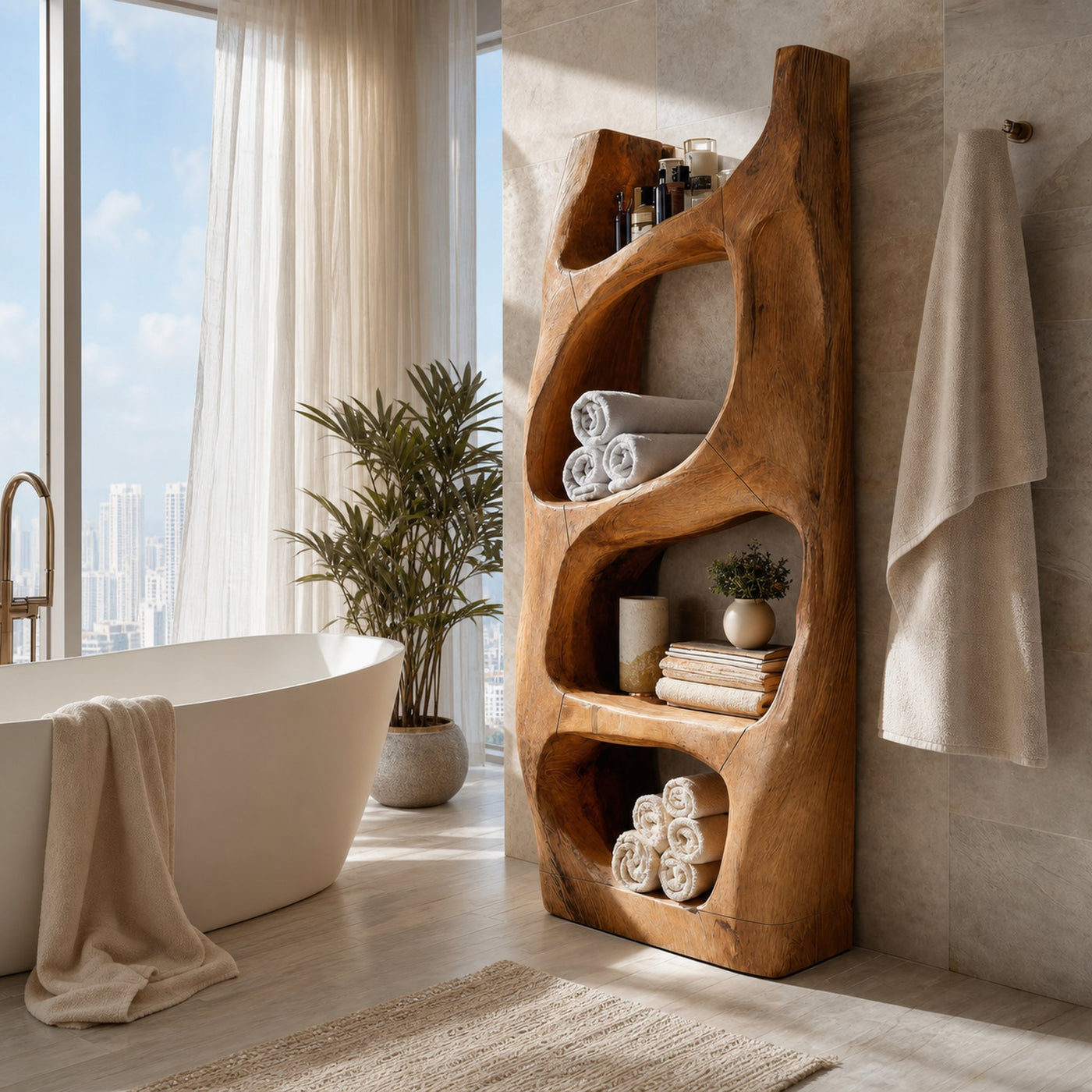 Handcrafted Sculptural Bathroom Shelf For Towels Or Spa Storage