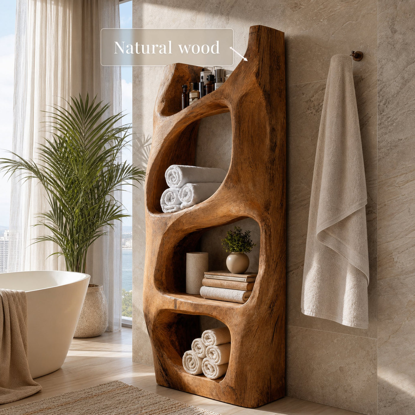 Handcrafted Sculptural Bathroom Shelf For Towels Or Spa Storage - product view 6
