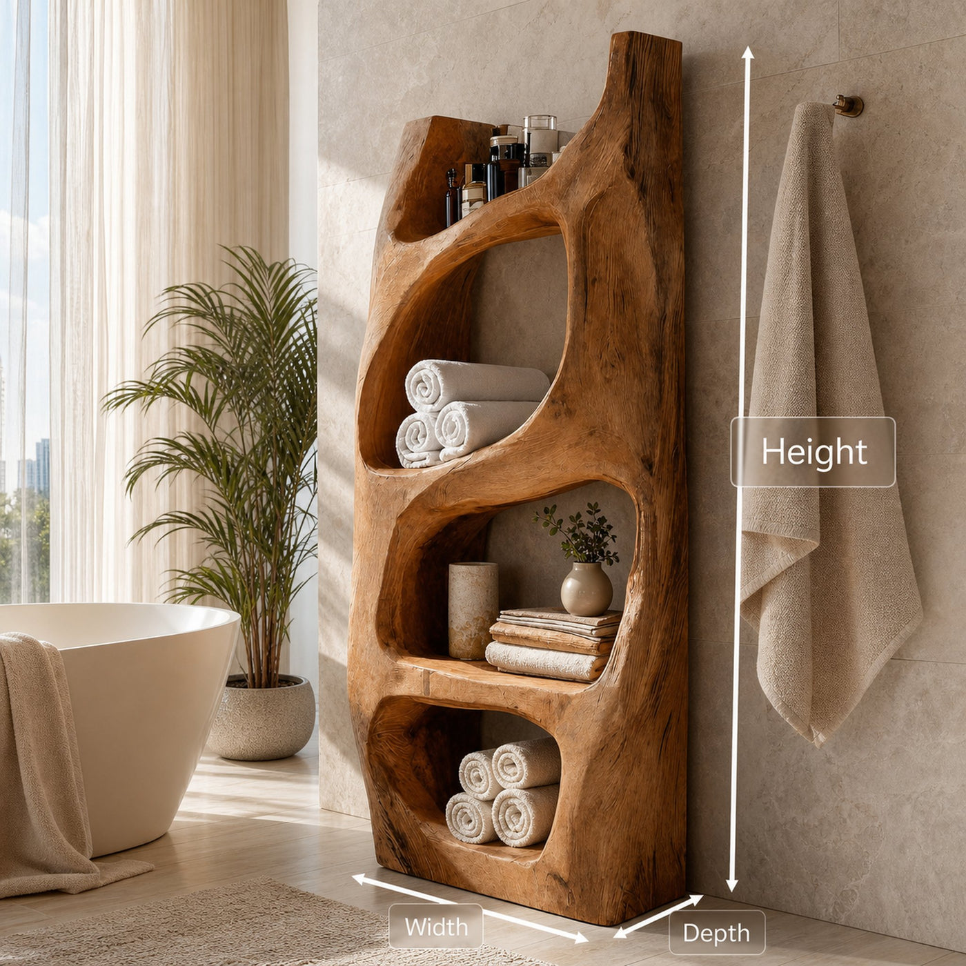 Handcrafted Sculptural Bathroom Shelf For Towels Or Spa Storage - product view 8