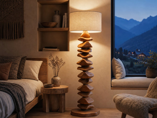 Handcrafted Sculptural Floor Lamp With Carved Base For Living Room