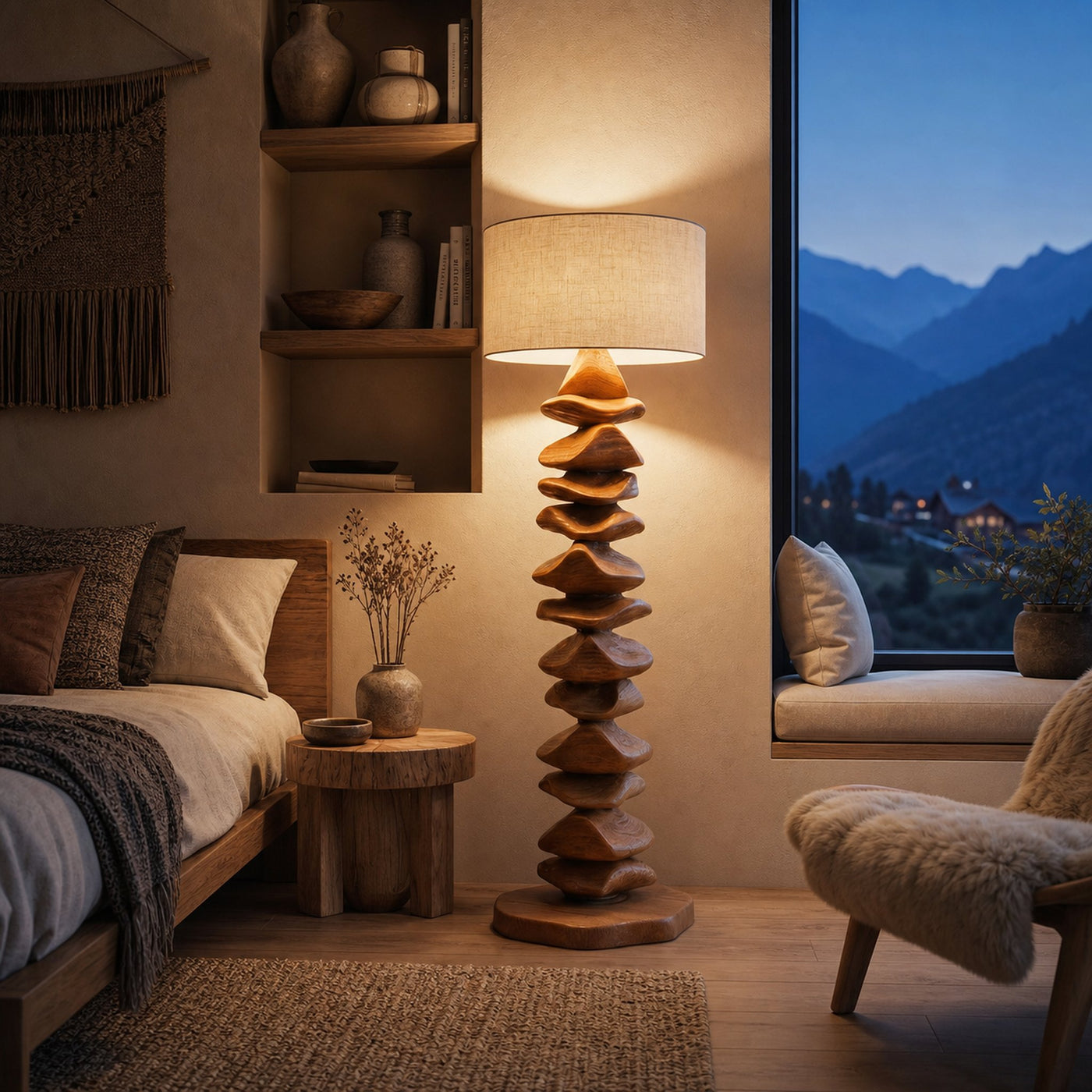 Handcrafted Sculptural Floor Lamp With Carved Base For Living Room