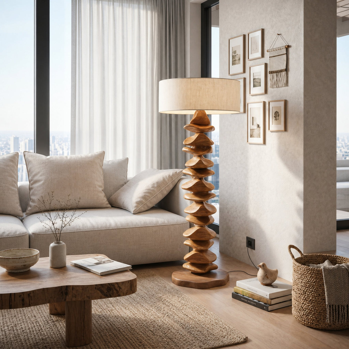 Handcrafted Sculptural Floor Lamp With Carved Base For Living Room - product view 6