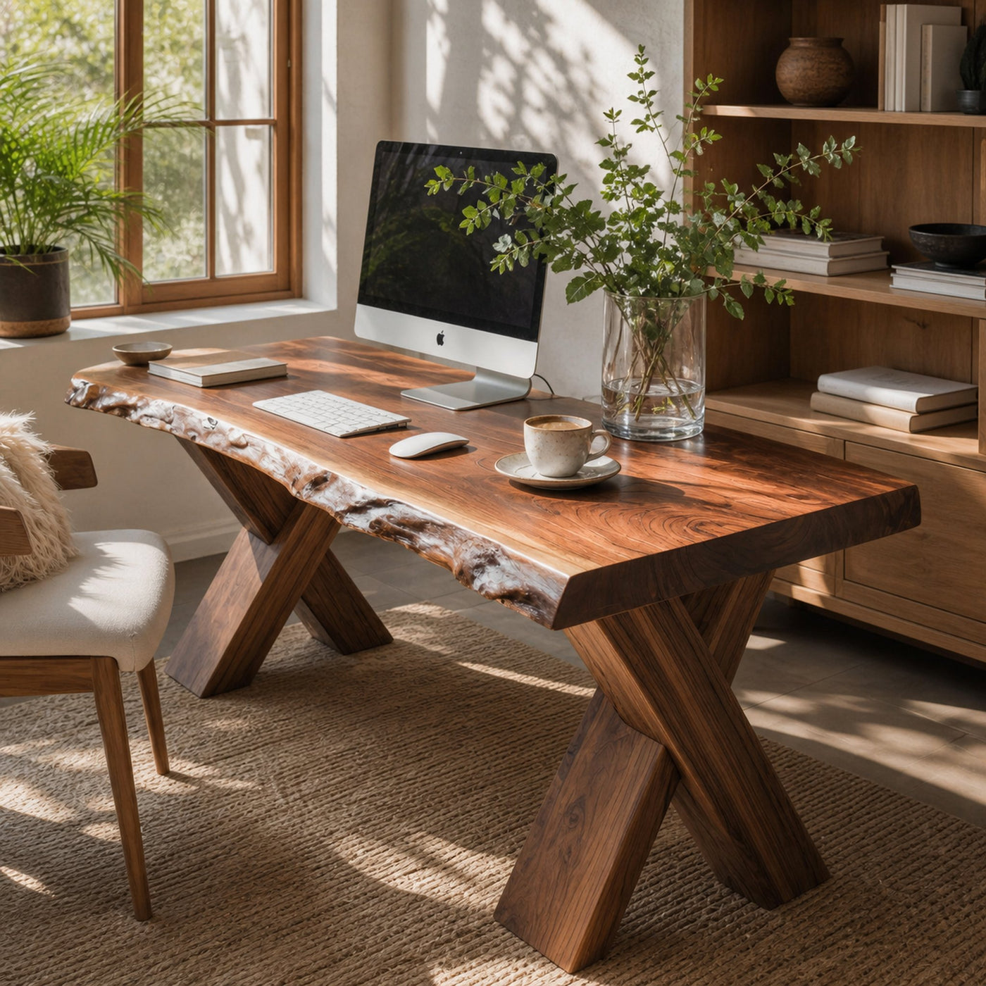 Live Edge Wooden Desk With X Legs For Rustic Home Office Or Studio