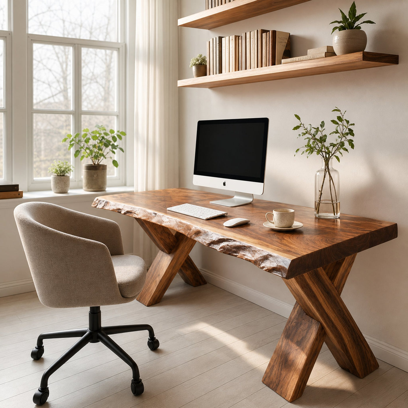Live Edge Wooden Desk With X Legs For Rustic Home Office Or Studio - product view 6