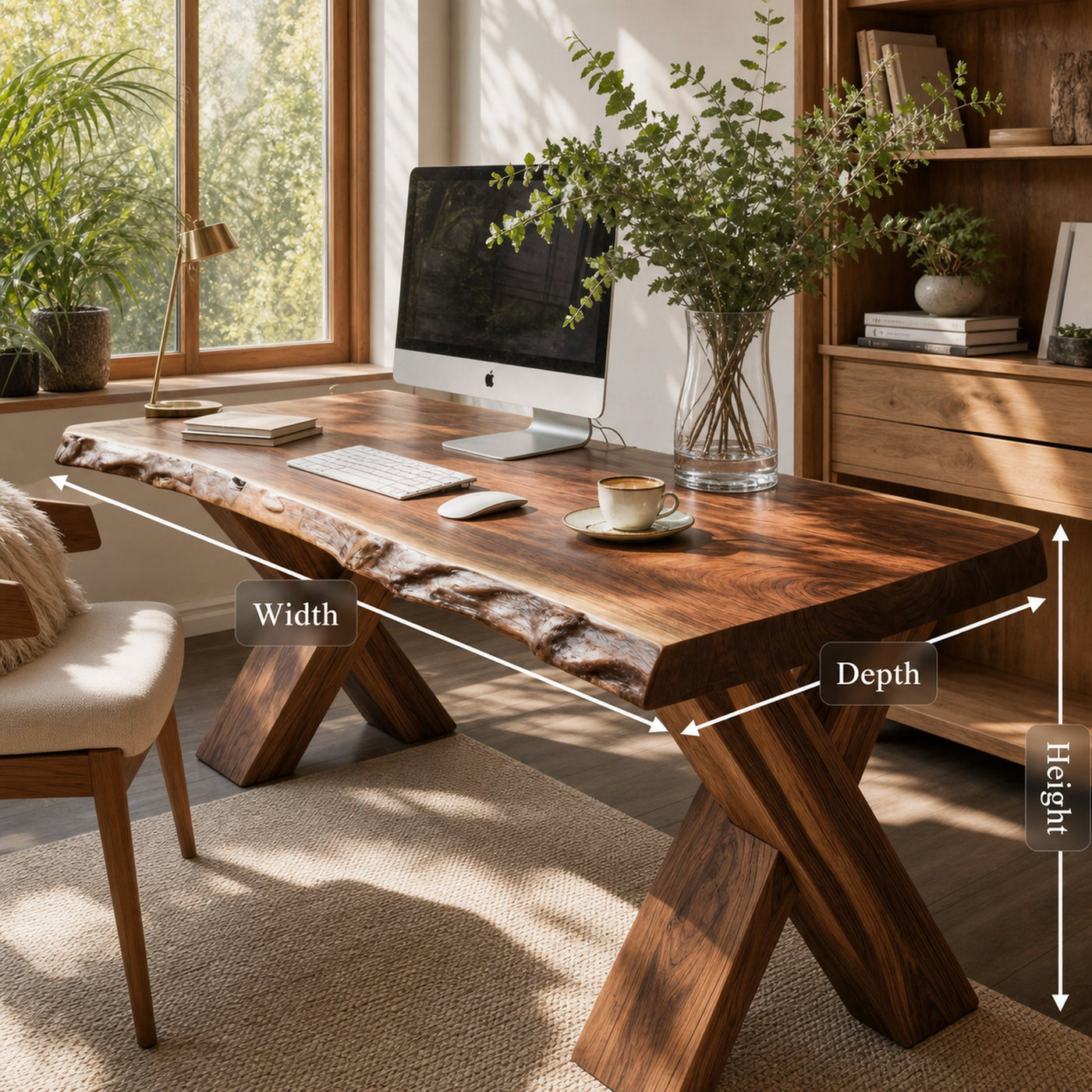 Live Edge Wooden Desk With X Legs For Rustic Home Office Or Studio - product view 8