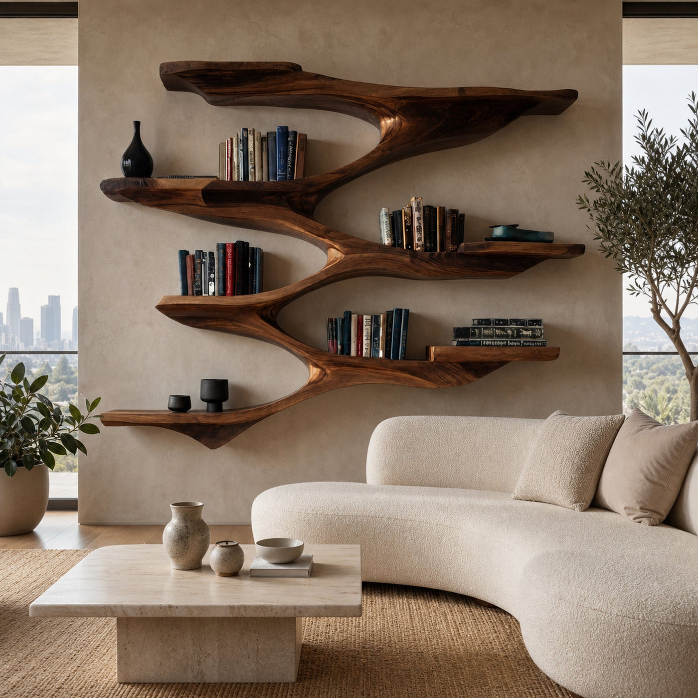 Mid Century Wooden Wall Shelf For Living Room Space