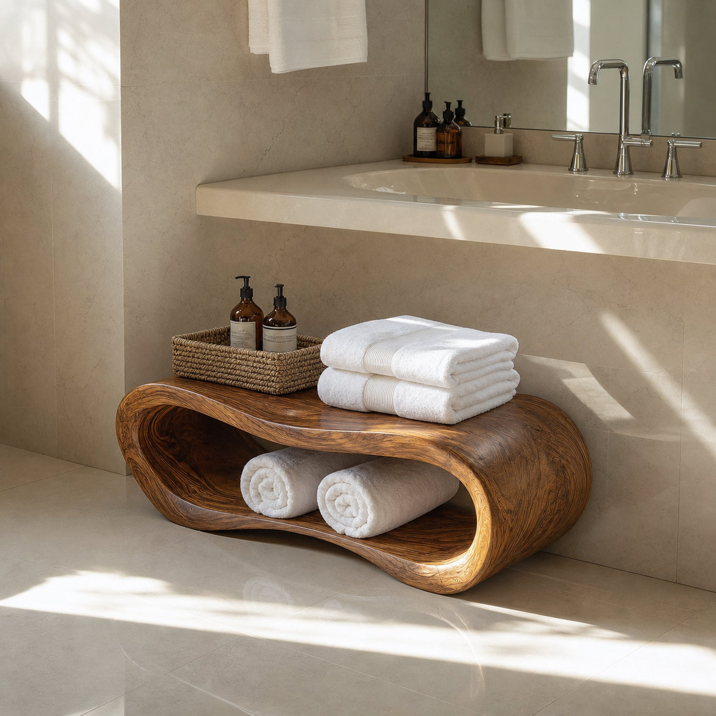 Minimalist Shower Bench Wave Carved For Bathroom Spaces