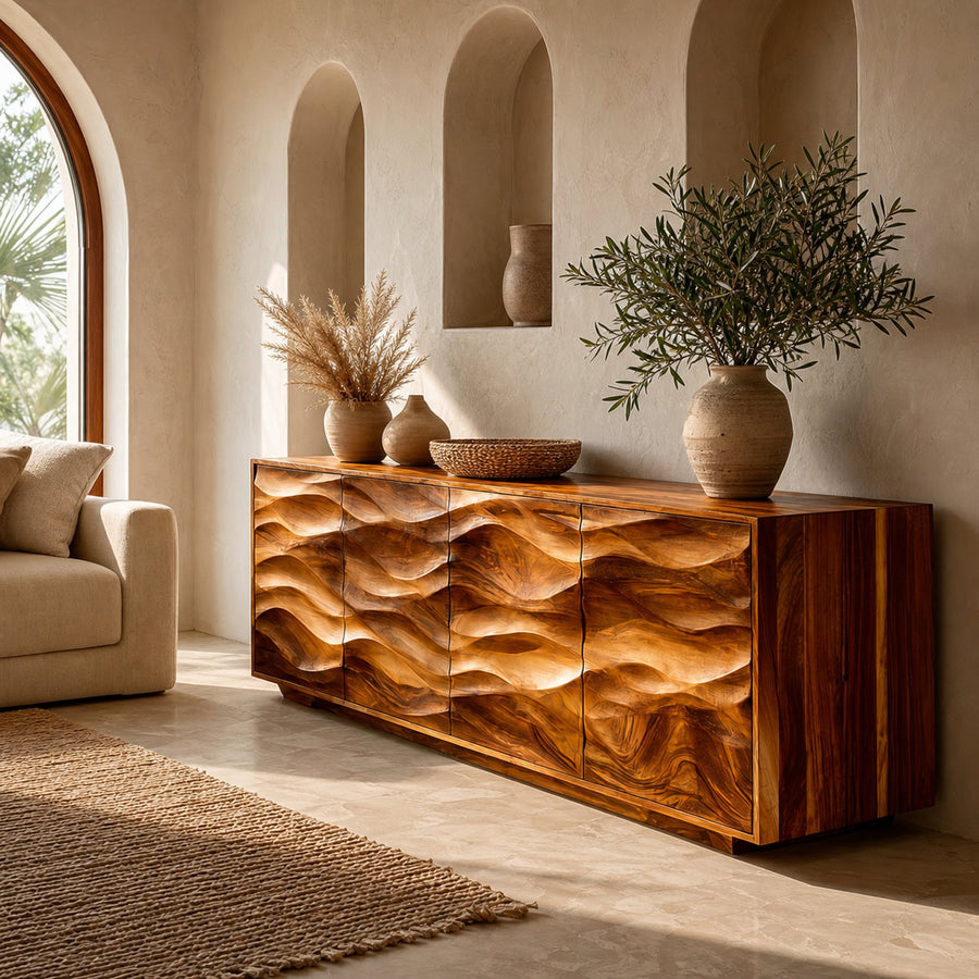 Minimalist Wooden Wave Carved Sideboard For Home