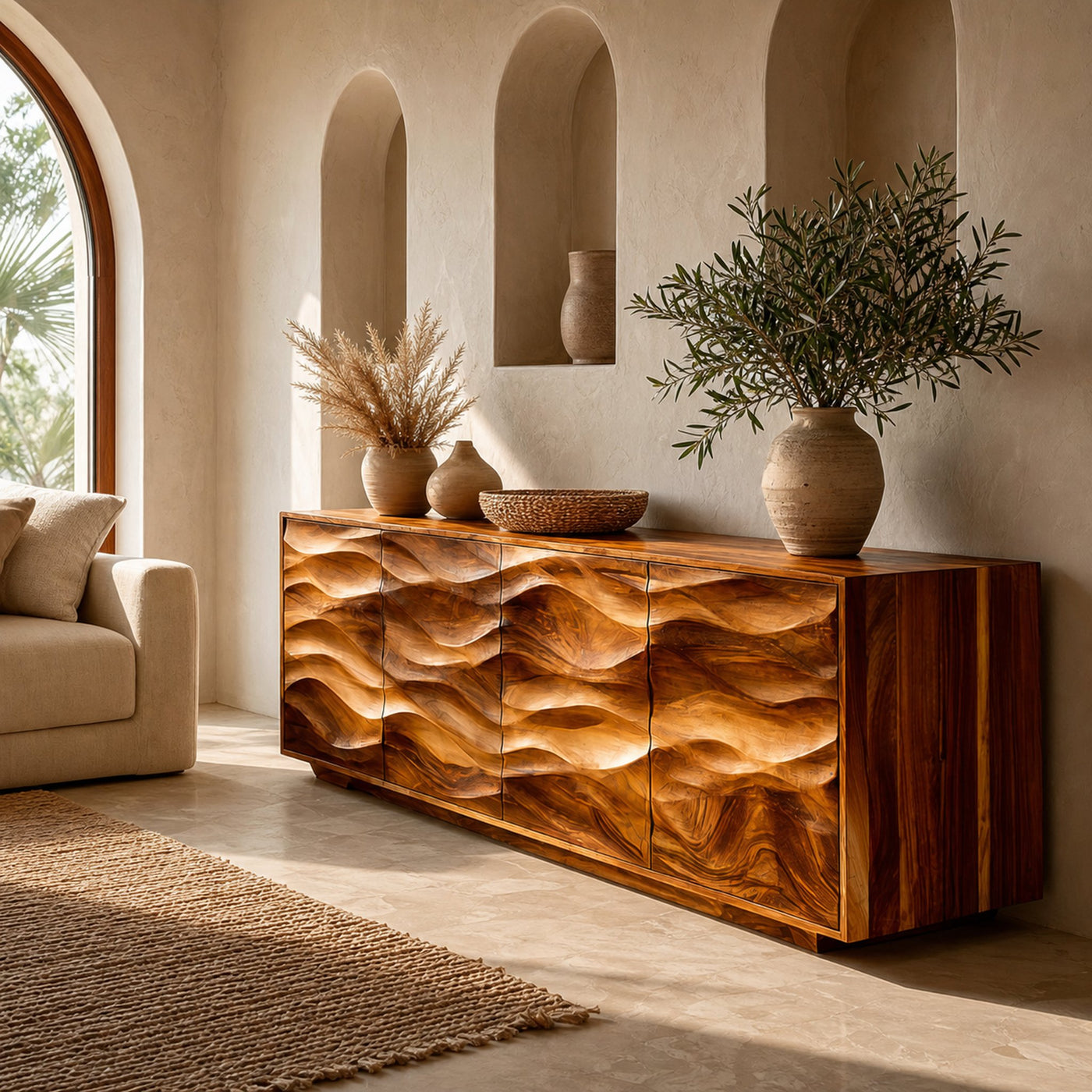 Minimalist Wooden Wave Carved Sideboard For Home
