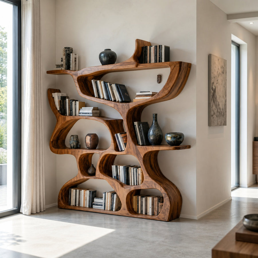 Modern Bookshelf With Organic Carved Design For Living Room Or Office