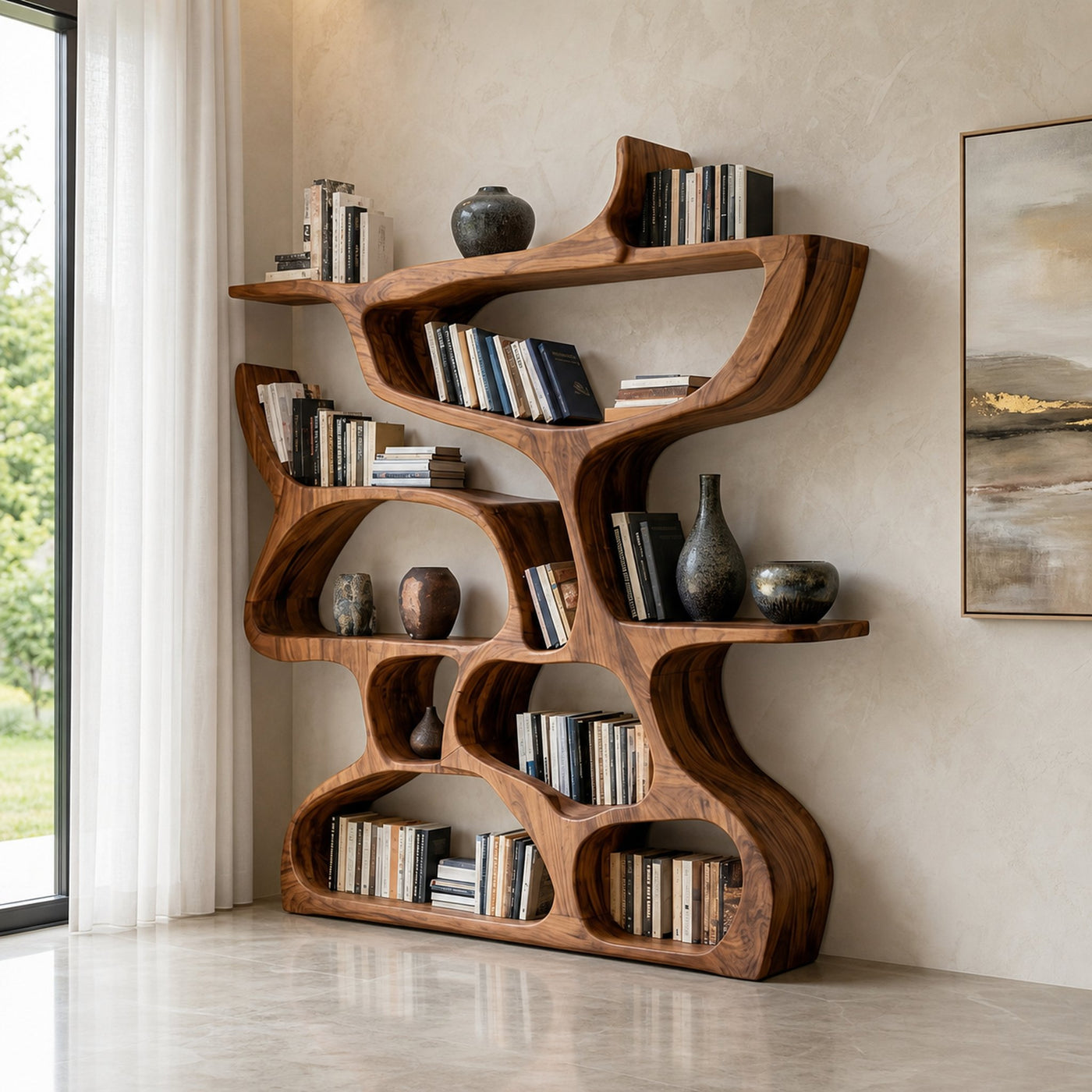 Modern Bookshelf With Organic Carved Design For Living Room Or Office - product view 6
