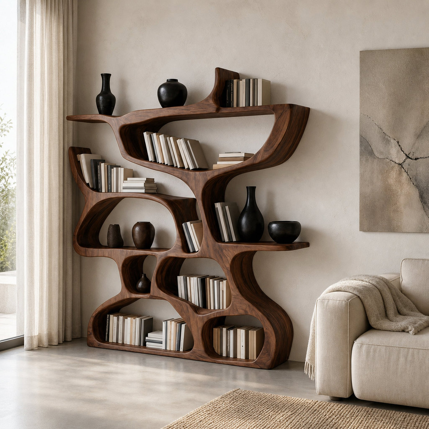 Modern Bookshelf With Organic Carved Design For Living Room Or Office - product view 7
