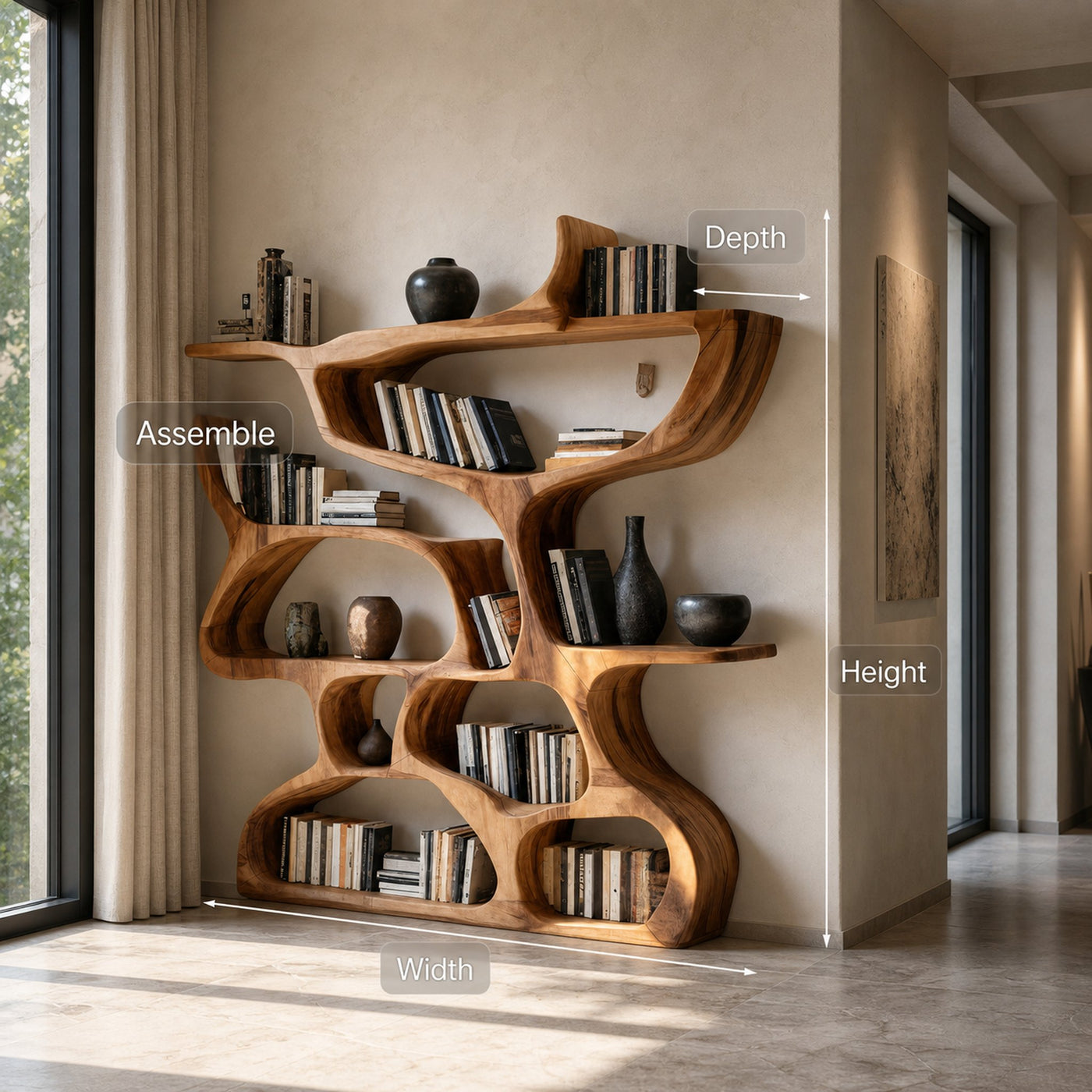 Modern Bookshelf With Organic Carved Design For Living Room Or Office - product view 8