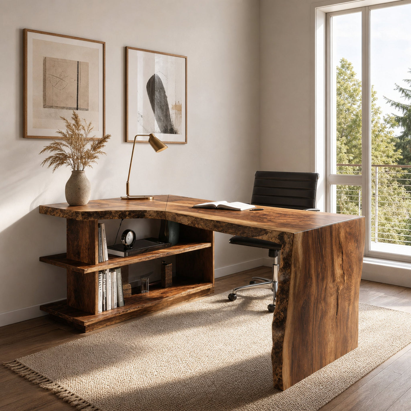 Modern L Shaped Desk With Bookshelf For Home Office