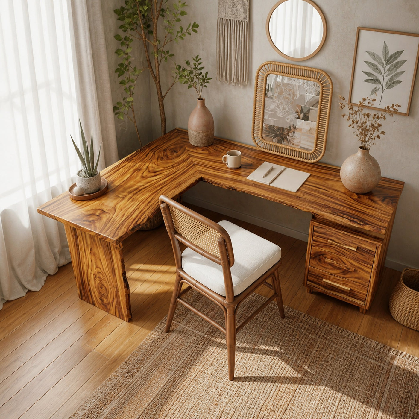 Modern L Shaped Wood Desk With Drawers For Home Office Or Vanity