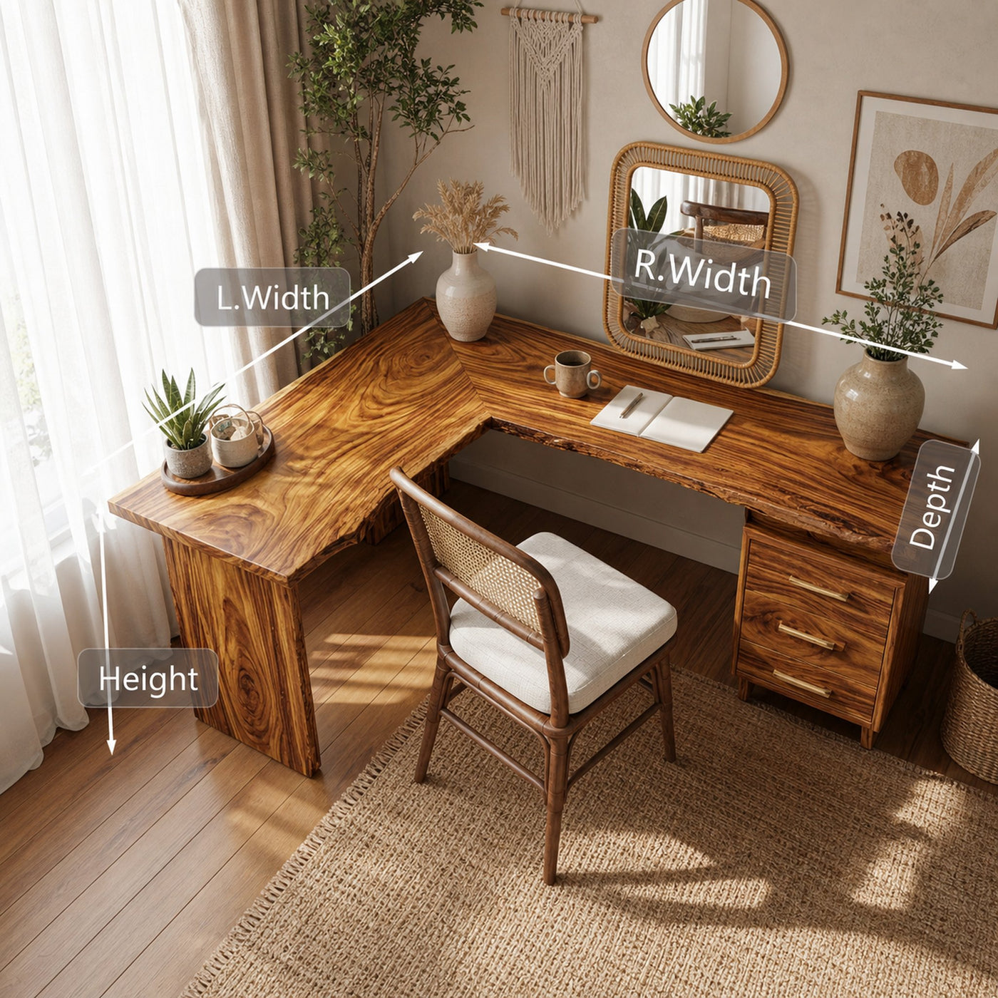 Modern L Shaped Wood Desk With Drawers For Home Office Or Vanity - product view 8